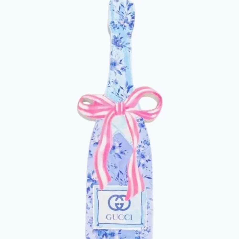 NWT Gucci Blue Champagne Bottle Wood Decor with Pink Bow